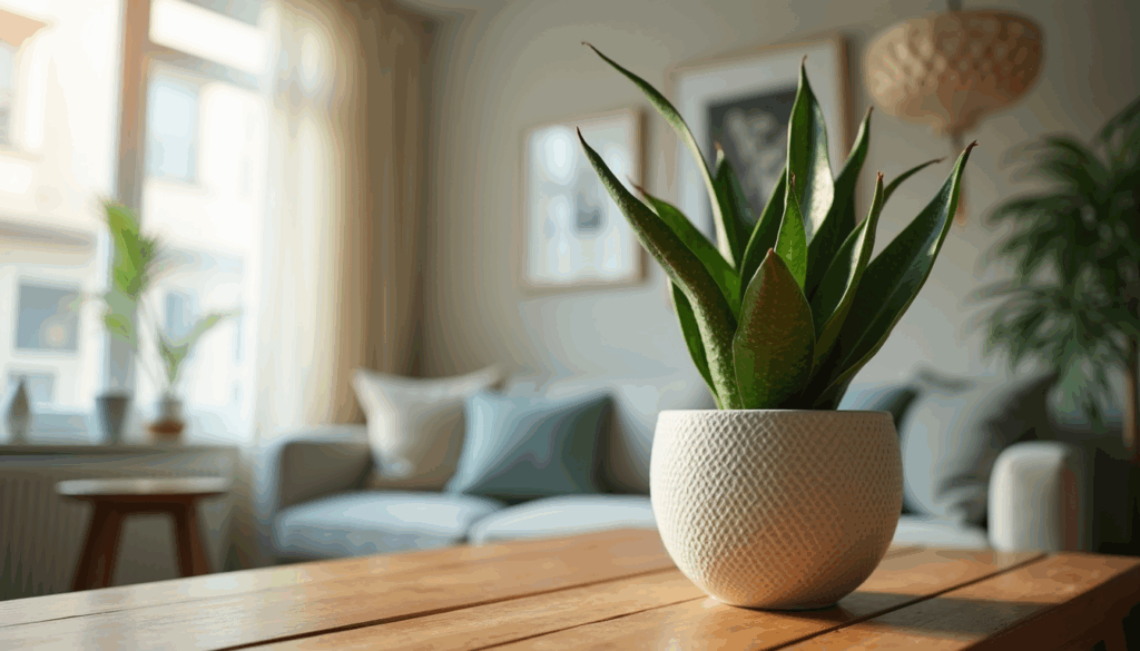 Snake plant in a modern pot on a wooden table