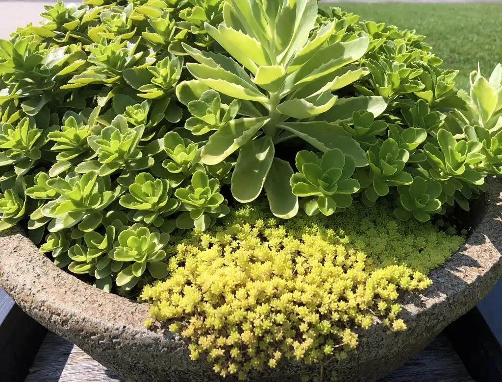 Photo of Sedum mexicanum 'Lemon Coral' - Mixed pot:Susan Broderick